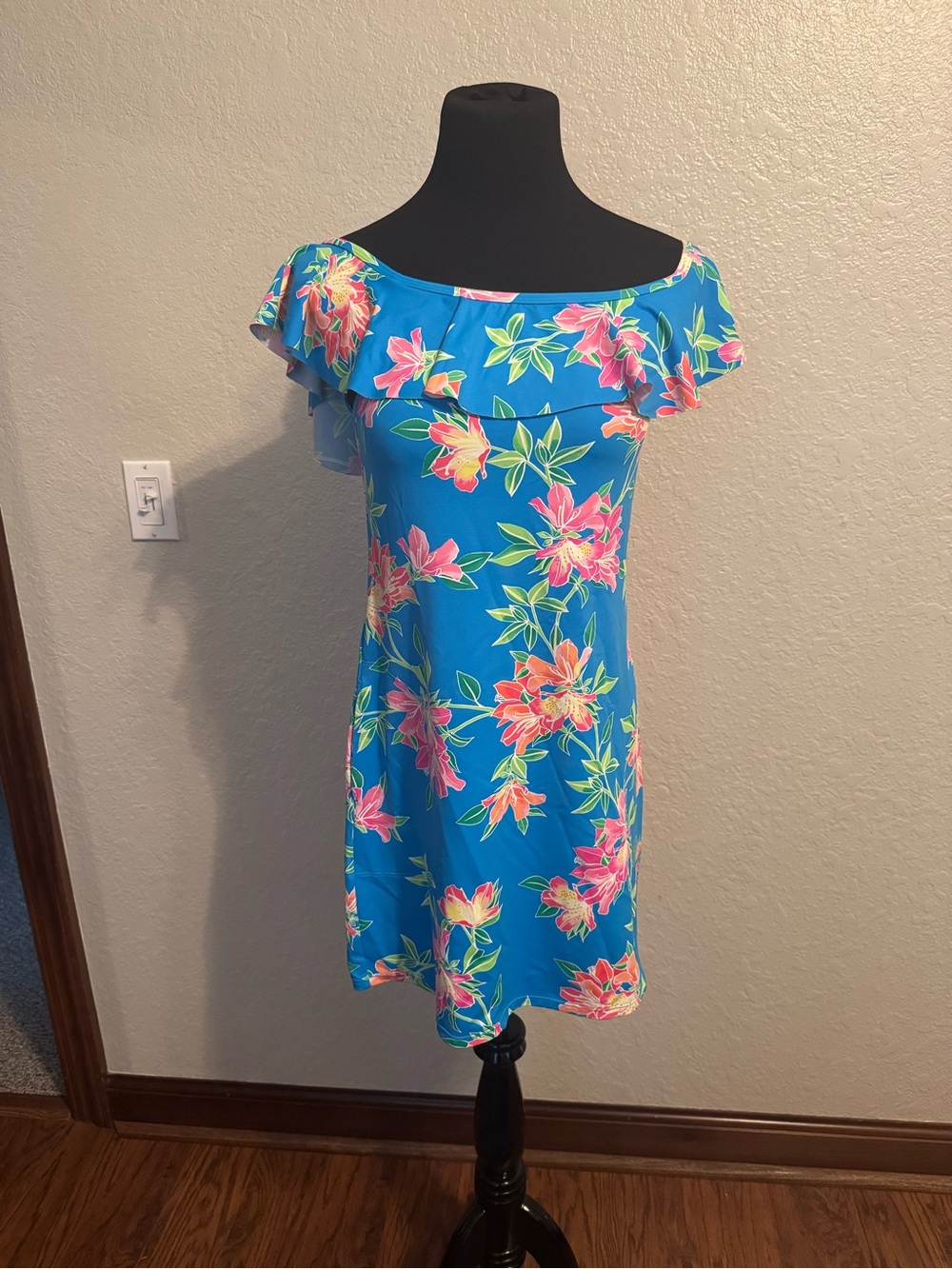 Tommy Bahama Turquoise Blue Floral Off-Shoulder Mini Dress